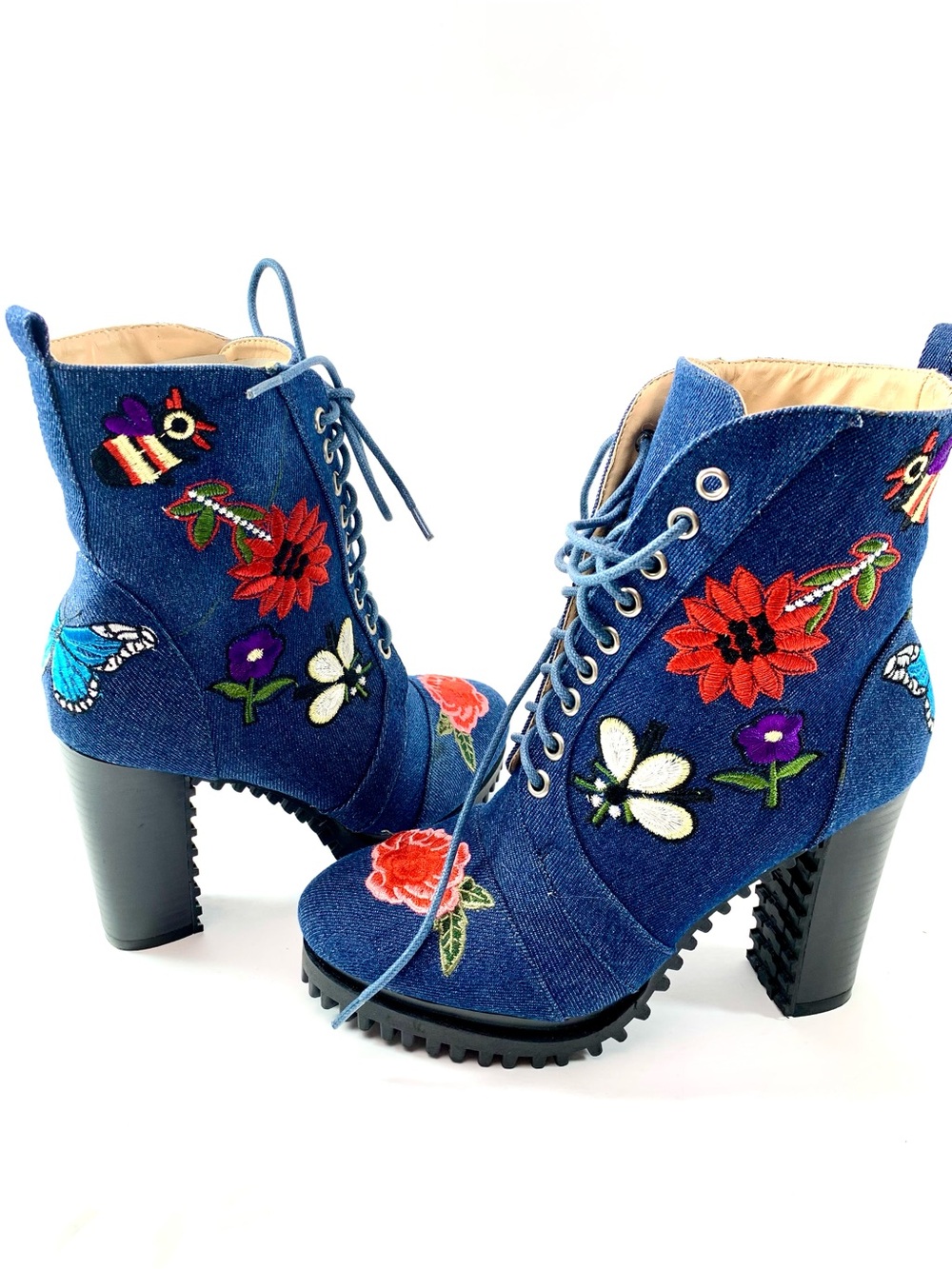 Womens Denim Western Boho Urban Cowgirl Embroidered Lace-Up Ankle Bootie 7M